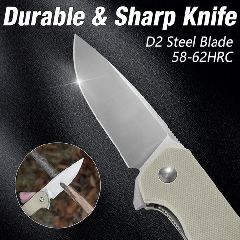 FLISSA Pocket Knife, Folding Tactical Knife with G10 Handle, D2 Blade, Liner Lock, Pocket Clip, EDC Knife for Hiking, Camping, Survival, Indoor and Outdoor Activities(Brown) by FLISSA