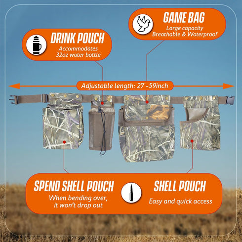 IC ICLOVER Adjustable Dove Hunting Belt with Game Bag, Shotgun Shell Pouch, Water Bottle Carrier