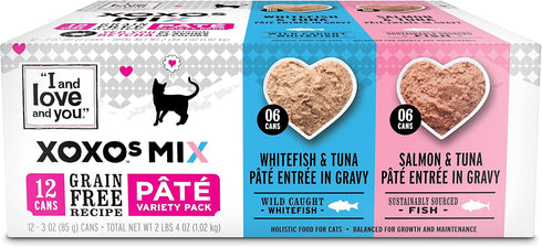 I and love and you XOXOs Wet Cat Food - Whitefish + Salmon Pâté Variety Pack, 3oz Pack of 12 Cans