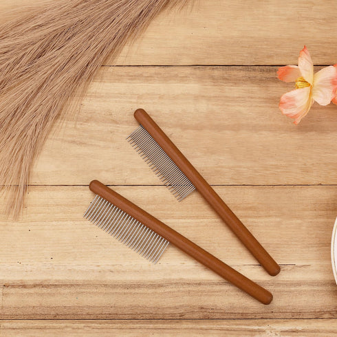 2pcs Grooming Comb for Pets, Solid Wood Cat Combs with Wide & Narrow Rounded-Tip Steel Teeth for Tangled Hair