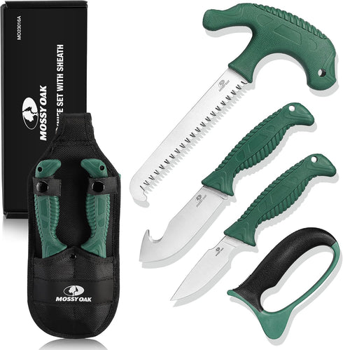 Mossy Oak 4 Pcs Field Dressing Kit, Hunting Knife Set with Gut-Hook Skinner, Caping Knife, Saw, Sharpener for Deer