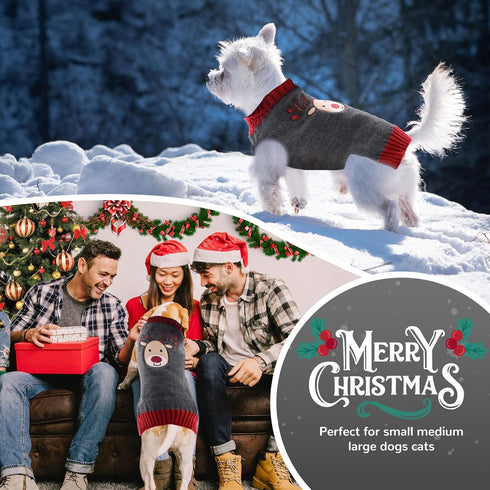PETCARE Reindeer Christmas Dog Sweater, Gray Cat Sweater Vest, Holiday Dog Clothes for Small Medium Large Dogs