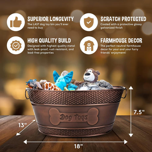 Indestructible Metal Dog Toy Bin, Copper Galvanized Storage Box with Handles, Dog Bone Design for Chew Toys, Blankets,