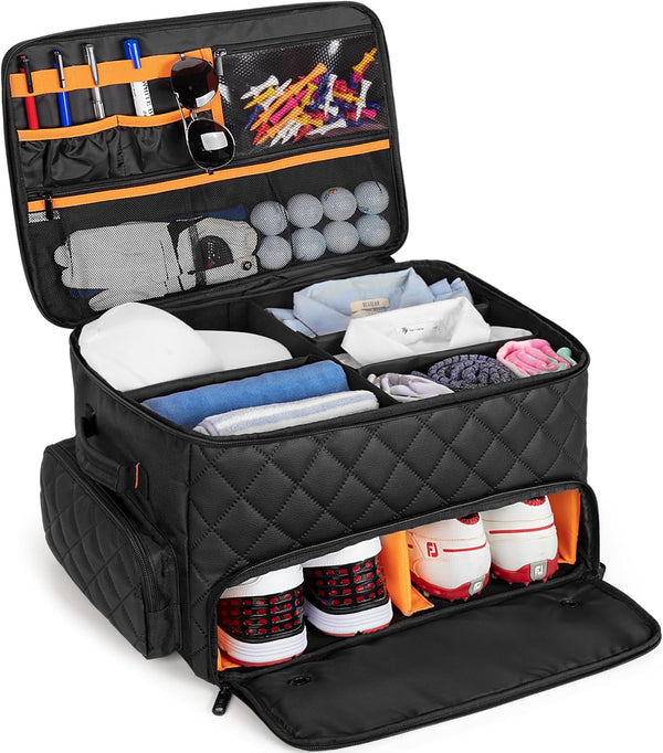 Golf Car Storage Organizer with 2 Layer Trunk, Ventilated Compartment for 2 Pairs Shoes, Balls, Clothes, Accessories