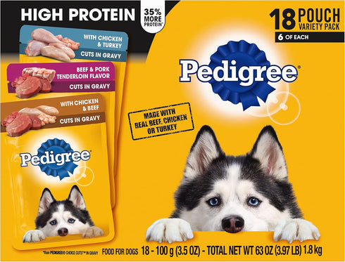 Pedigree High Protein Wet Dog Food Pouches, Variety Pack, 3.5 oz. Pouches (Pack of 18)