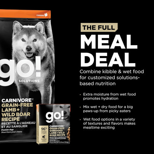 GO! SOLUTIONS Carnivore Protein Rich Wet Dog Food, Grain Free Shredded Lamb and Wild Boar, Complete Nutrition, 12.5 oz