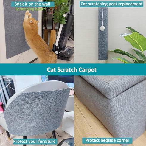 Cat Scratching Mat 78.7"x15.8", Self-Adhesive Trimmable Carpet, Replacement for Cat Tree Shelf and Couch Protector
