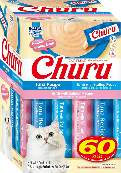 INABA Churu Cat Treats, Grain-Free, Lickable, Squeezable Creamy Purée Cat Treat/Topper, 60 Servings, 3 Flavor Variety