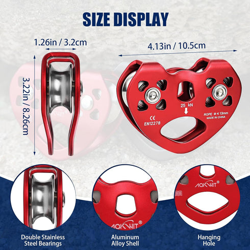 Zipline Pulley 25kn Aluminum Stainless Steel Roller, Heavy Duty Dual Trolley for 8-13mm Climbing Cable Rope