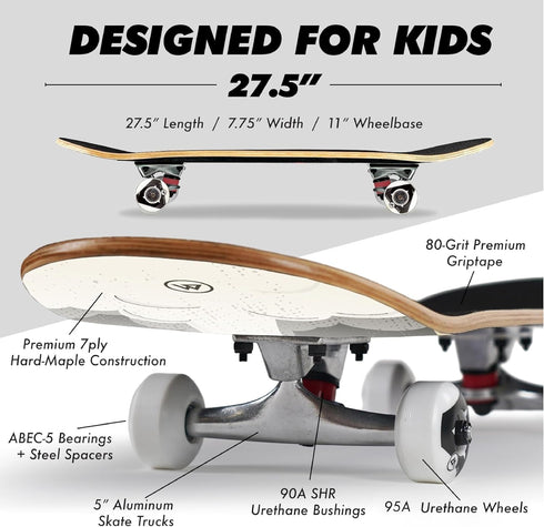 Magneto Complete Skateboard - Maple Wood, ABEC 5 Bearings, Double Kick Concave Deck for Kids, Beginners, Teens & Adults
