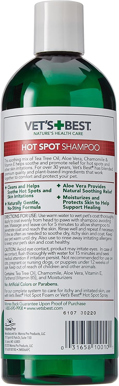 16 oz Vet's Best Hot Spot Dog Shampoo, Natural Itch Relief for Dogs with Dry Skin, Rash, Scratching, Licking, Sensitive