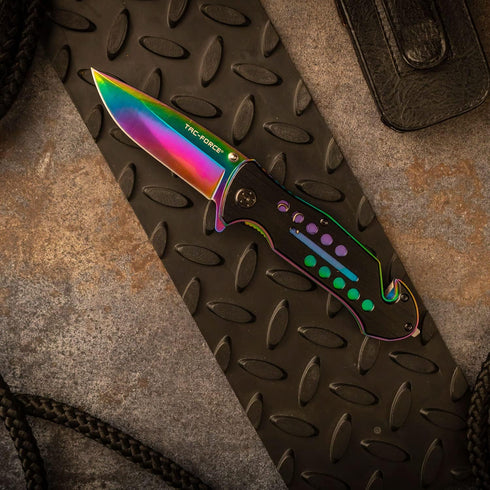 TAC Force Spring Assisted Folding Pocket Knife - Rainbow TiNite Coated Blade with Black Aluminum Handle
