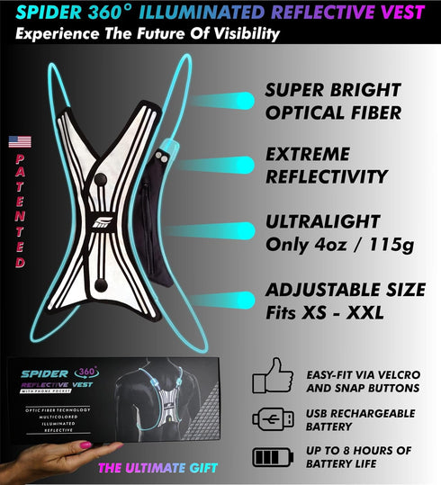 SPIDER Reflective Lighted Running Vest - 360° Visible, Ultralight, Fully Adjustable Size XS-3XL, Phone Pocket for Safe