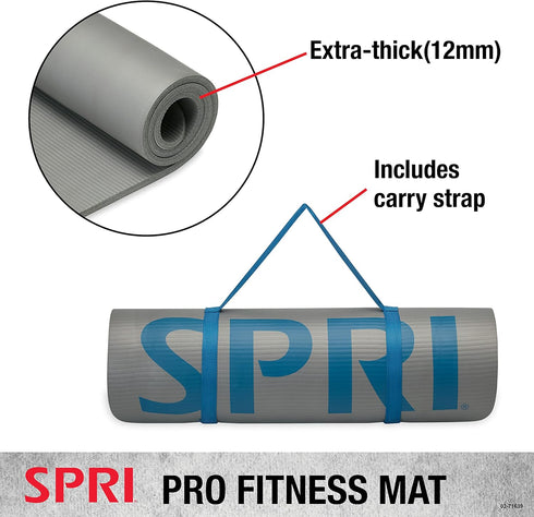 SPRI 12mm Pro Fitness Mat - Thick Exercise Mat for Floor Workouts, Non-Slip, Cushioned, Portable with Carrying Strap