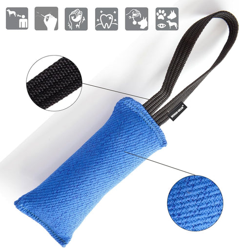 Dingo Gear Tug Toy for Dog Training, Agility Tug of War, French Linen Dog Bumper with Handle, 6" Blue