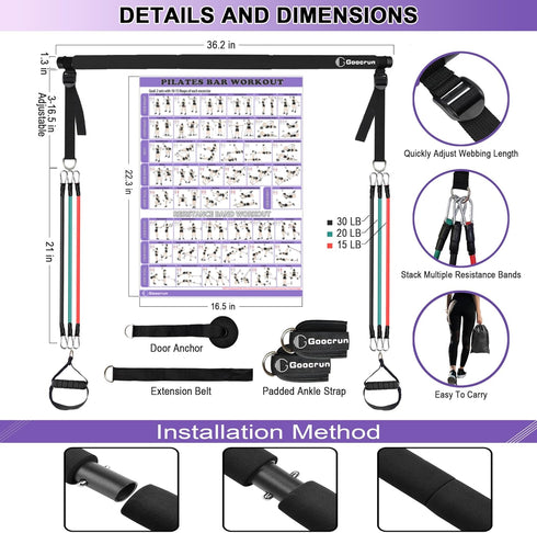 Portable Pilates Bar Kit with Resistance Bands, 3 Set Exercise Resistance Bands for Full-Body Workouts