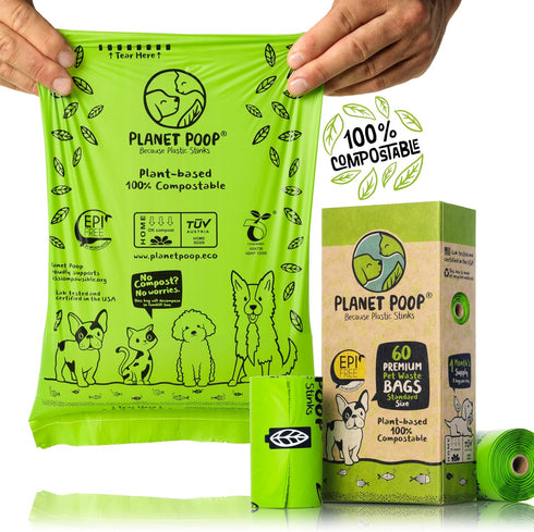 PLANET POOP 60 Un-Scented Home Compostable Dog Poop Bags on Refill Rolls, Thick Leakproof Plant-Based Supplies