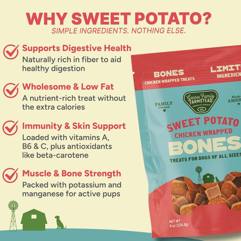 8 oz Gaines Family Farmstead Chicken Wrapped Sweet Potato Dog Bones - Bag, Natural, Grain-Free Dog Treats for All Ages