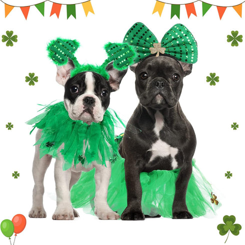 4 Pcs St Patrick's Day Dog Costume - Tutu for Dogs, Sequins Bowtie, Shamrock Headband, Green Puppy Skirt for Irish Party