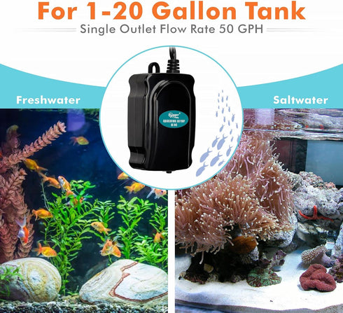hygger Mini Air Pump Kit for 5-20 Gallon Fish Tank, 1W Small Fish Bowl with Air Tube and Bubbler Stone
