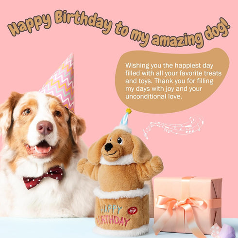 Fuzzwoof Singing Dancing Dog Toy, Interactive Birthday Cake Plush Toy for Small Medium Large Dogs, Plays Birthday Song