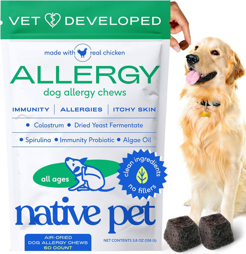 Native Pet Dog Allergy Chews - All Natural Relief with Probiotics and Colostrum for Itchy Skin, 60 Chews