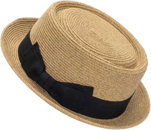 Pork Pie Hat for Men/Women, Classic Straw Boater Derby Sun Hats with Grosgrain Band