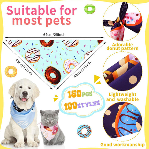 Huhumy 100 Summer Pcs Donut Dog Bandanas Bulk Pet Bibs Colorful Triangle Scarf Donut Pet Bandanas for Medium Large Dogs