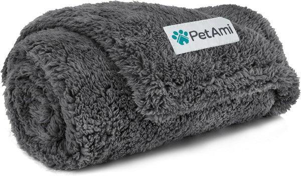 PetAmi Fluffy Waterproof Dog Blanket, Soft Warm Sherpa Throw, Reversible Cat Puppy Bed Blanket (Grey, 29x40)