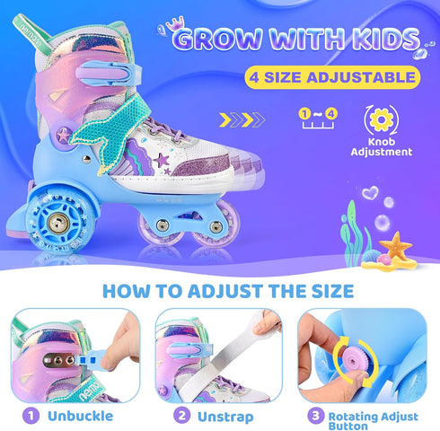 4 NEMONE Mermaid Size Adjustable Light up Roller Skates for Girls, Purple Blue Skates for Toddlers, Beginner Kids