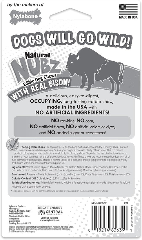Nylabone Nubz WILD Natural Edible Chew Treats for Dogs, Bison Flavor, Small - Up to 25 lbs. (4 Count)