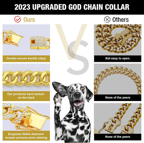 Dog Chain Silver Cuban Collars - Walking Silver Metal Chain Choke Collar with Secure Buckle, Pet Crystal Necklace
