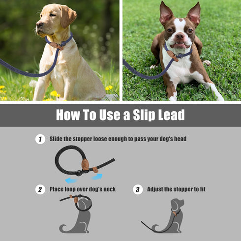 Mile High Life Slip Leads for Dogs | Heavy Duty 4 Feet No Pull Training Leash with Leather Tip | Navy