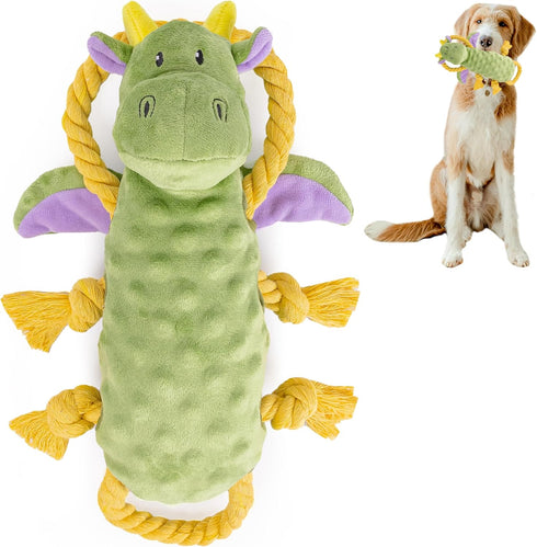 Squeaky Dog Stuffed Animals, Plush Chew Toy for Large Breeds, Crinkle Paper Tug of War, Soft Tough Squeaker Dragon