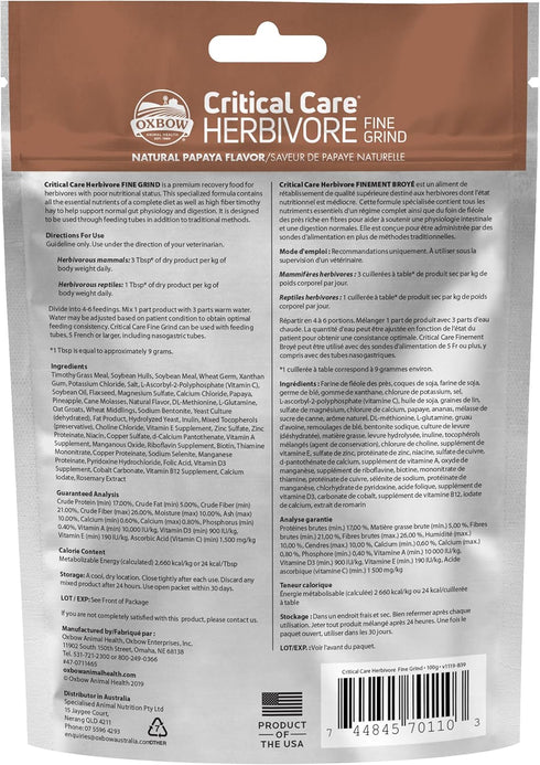 Critical Care Herbivore, Fine Grind, Emergency Rabbit & Guinea Pig Food, 100 gram bag by Oxbow