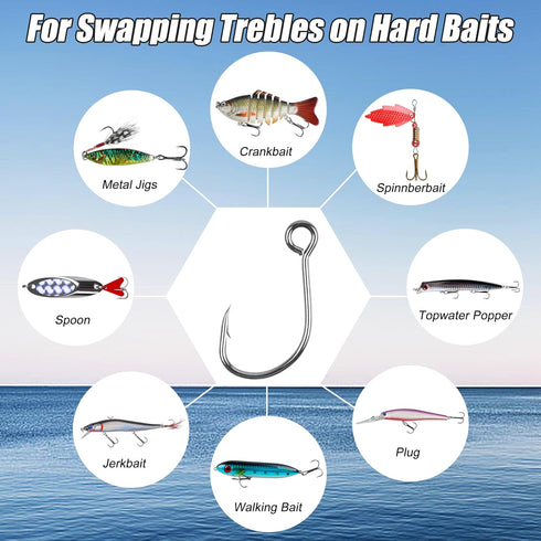 60pcs/Box #4#2# 1# 1/0 2/0 Fishing Inline Single Hooks - Single Replacement Hooks for Fishing Baits Lures Plugs Large