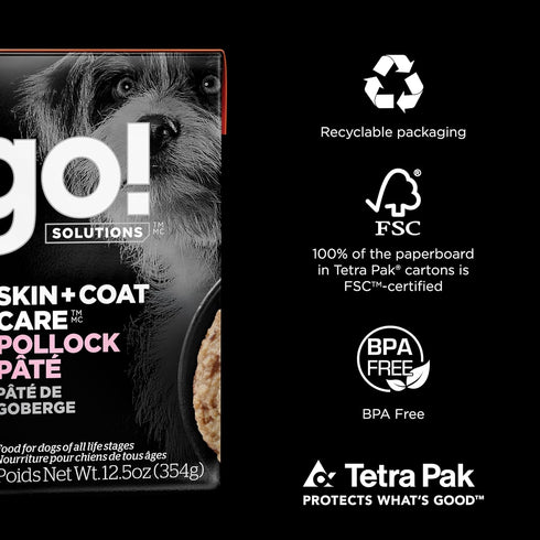 Go! Solutions Skin + Coat Care Wet Dog Food, Pollock Pâté with Grains, 12.5 oz