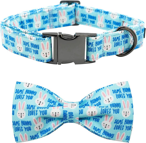 Dog Collar, Easter Day Adjustable Collar with Bunny Print Bowtie for Medium Small Large Dogs, Cute Gift