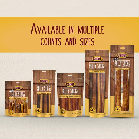 Cadet Bully Sticks for Small, Medium and Large Dogs - All-Natural Beef Pizzle, High Protein, Low Fat, 8 Ounce