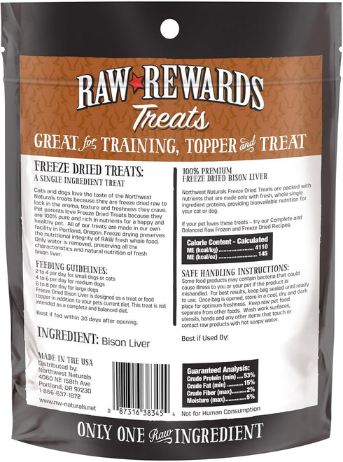 Northwest Naturals Raw Rewards Freeze-Dried Bison Liver Treats for Dogs and Cats - 3 Oz, Healthy, All Natural