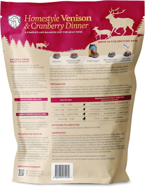 Addiction Homestyle Venison & Cranberry Dinner, 2 lb - Raw Alternative Dog Food, Gently Air-Dried Complete Meal