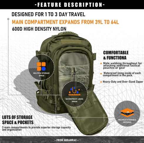 Tactical Backpack Military Hiking Daypack Molle for Men 3 Day Assault Bug Out