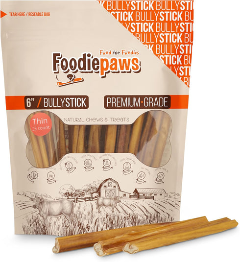 FOODIEPAWS 6 Inch Thin Bully Sticks for Dogs, 25 Pack Bulk |