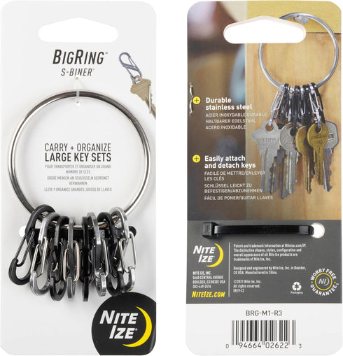 Nite Ize BigRing KeyRing, Multi Key Holder Carabiner with 8 Stainless Steel Key-Holding S-Biners