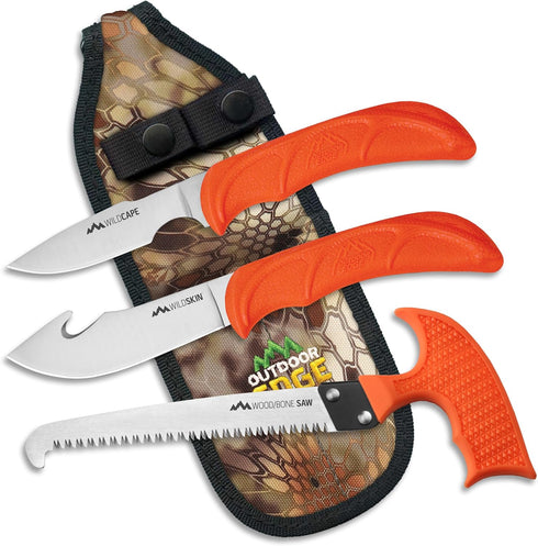 OUTDOOR EDGE WildGuide 4-Piece Hunting Knife Set & Field Dressing Kit with Camo Nylon Belt Sheath