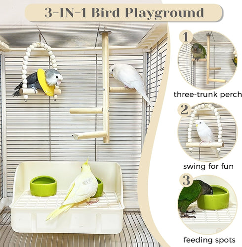3 1 in Bird Playground Stand Tabletop with Large Tray, Wooden Bird Play Stand Large, Parrot Perch Stand with Food