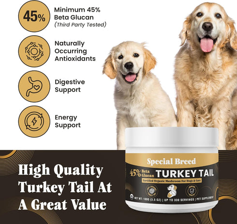 45% Immune 330 Organic Turkey Tail Mushroom for Dogs and Cats, Beta Glucan Standardized, Hot Water Extracted Whole