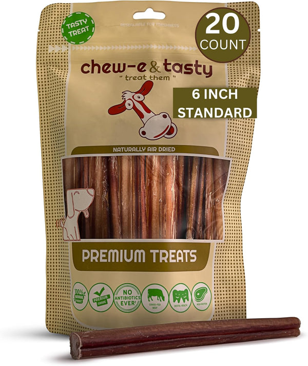 chew-e&tasty 6 Inch Bully Sticks for Dogs (Pack of 20) - Natural, USDA Certified, Odor Free High Protein Treats