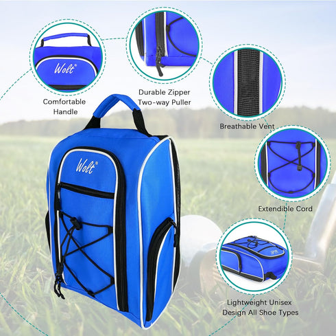 Wolt Golf Shoe Bag for Travel, Zippered Carrier Bags with Ventilation & Double Outside Pocket for Accessories (Blue)