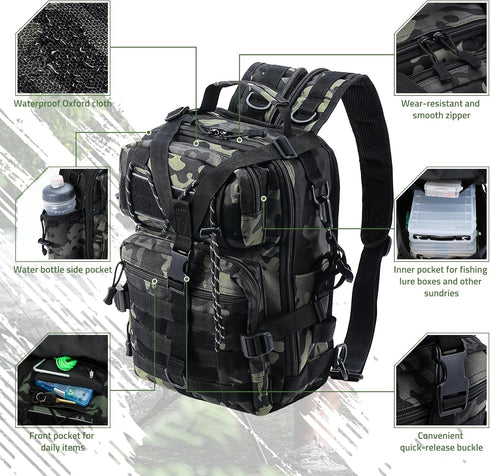 Fishing Tackle Backpack, Military Tactical Sling Bag, Fishing Gear Storage, Molle Assault Pack for Hiking Rucksack
